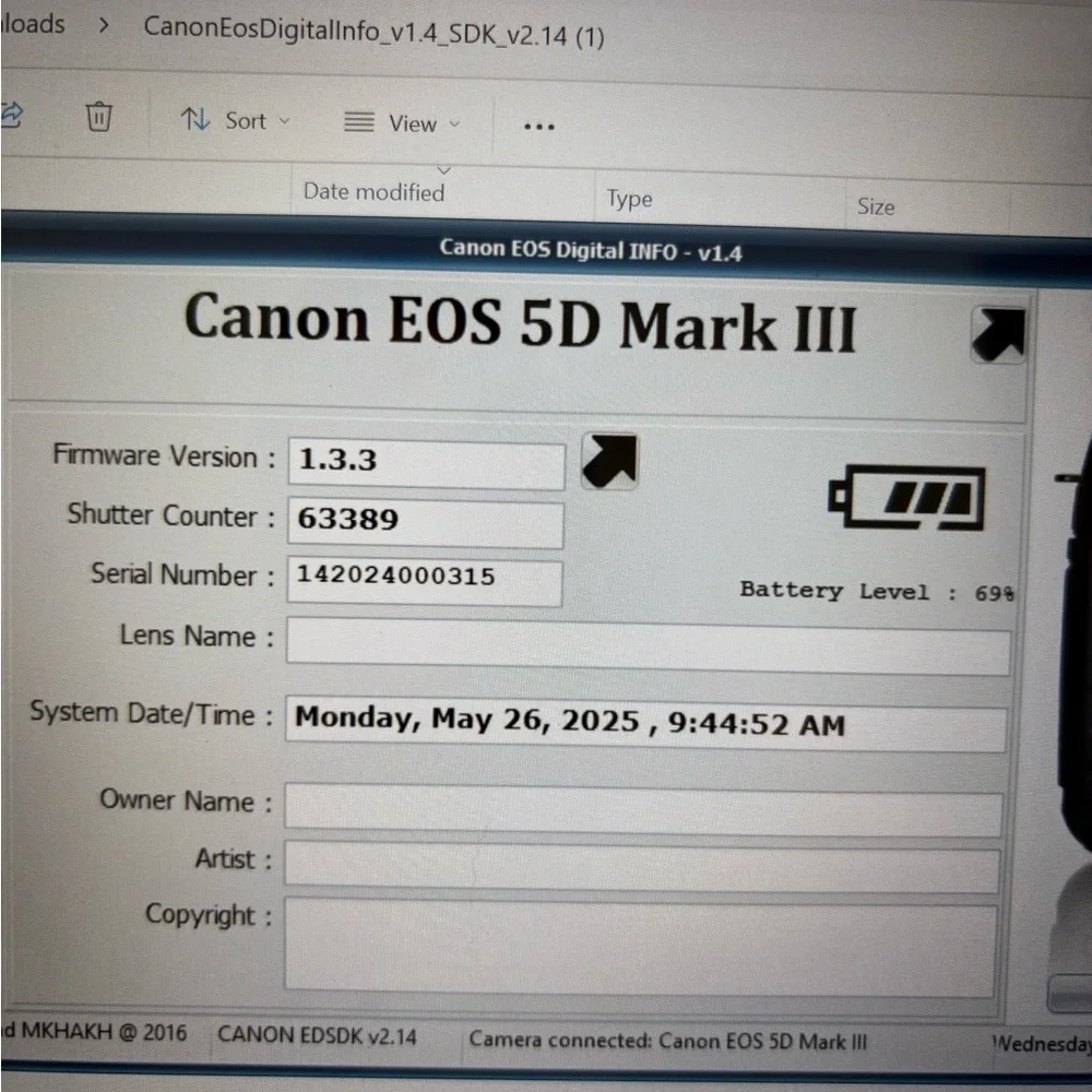 Canon Mark 3 with memory cards, strap, cords, battery and charger and manuals.